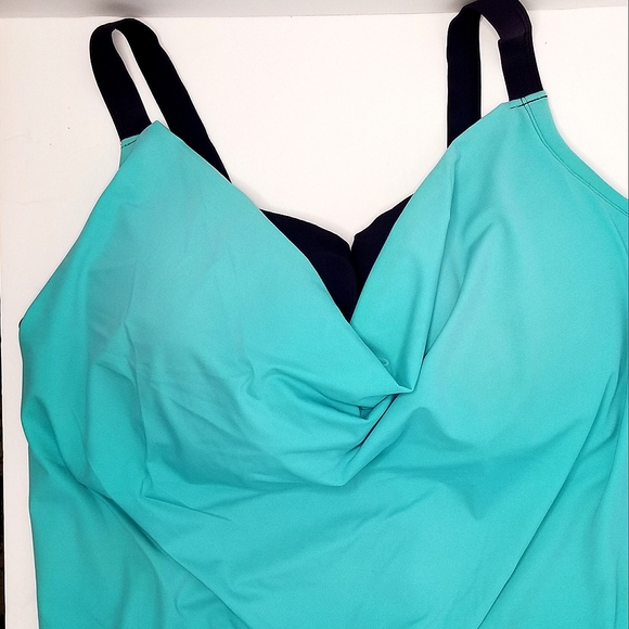 Swimsuits for All Turquoise and Blue Cowl Neck Tankini Swim Top- Size 46DDD - Picture 3 of 11